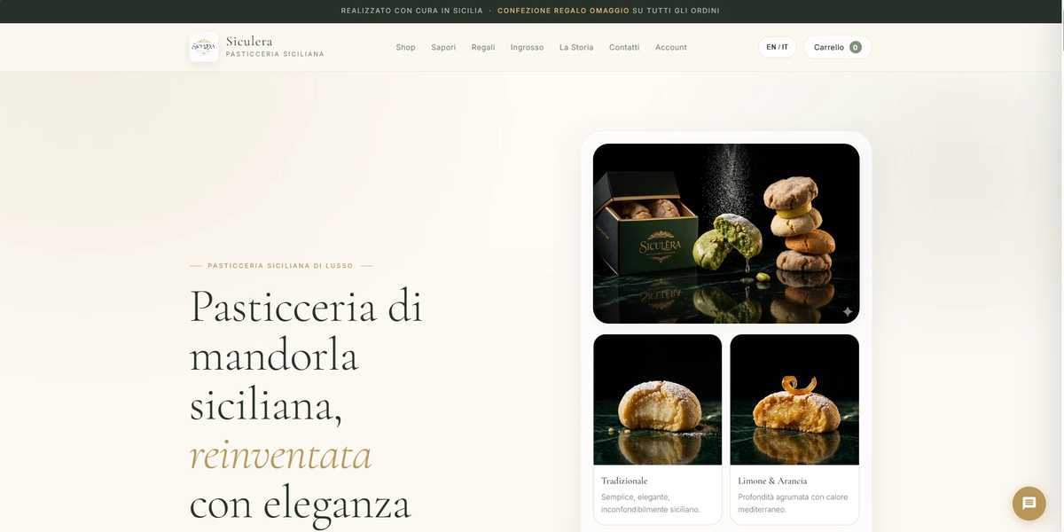 Forsiden: «Pasticceria di mandorla siciliana, reinventata con eleganza», med de tre første smakene.